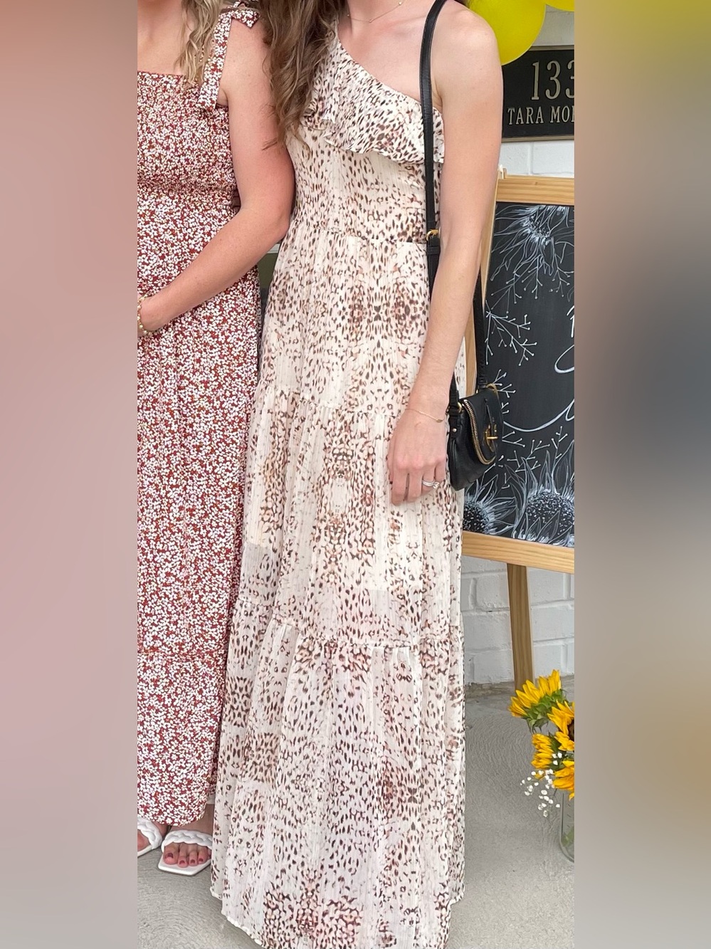 Express Cream and Brown Leopard Print One-Shoulder Maxi Dress
